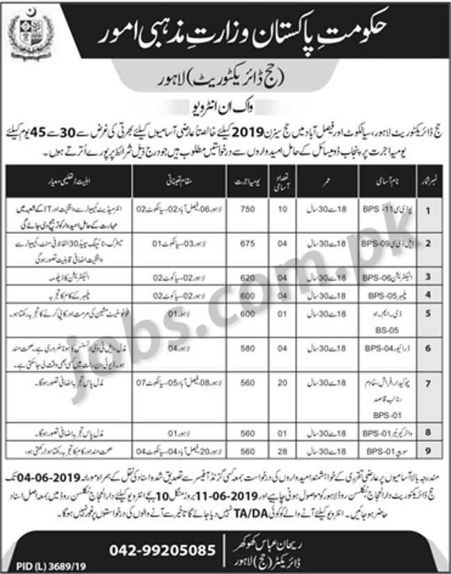 Ministry of Religious Affairs Jobs 2019 for 76+ Staff Posts (Lahore) Hajj Season 2019 (Walk-in Interviews)