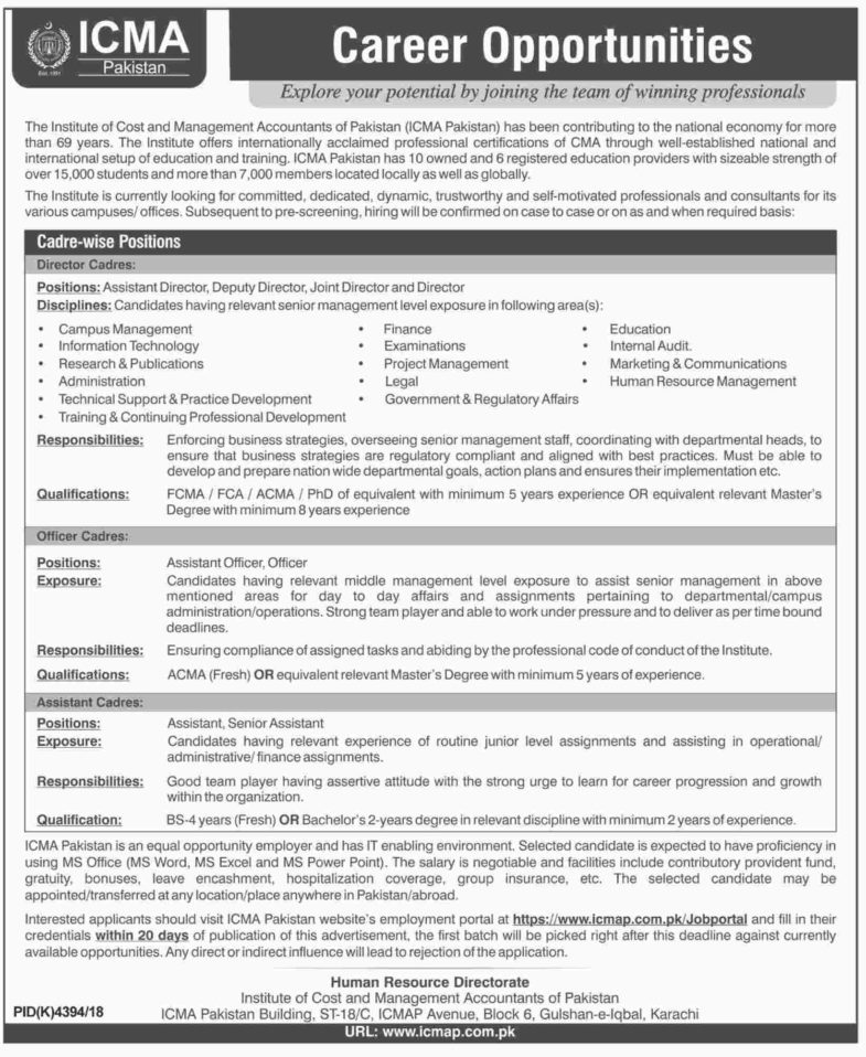 ICMA Pakistan Jobs 2019 for Assistants, Officers, Assistant Officer and Management Posts