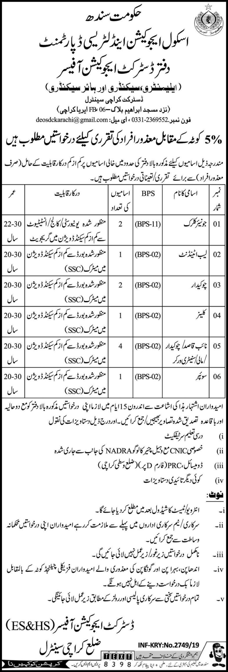 School Education & Literacy Department Sindh Jobs 2019 For 11+ Jr Clerks & Support Staff Posts