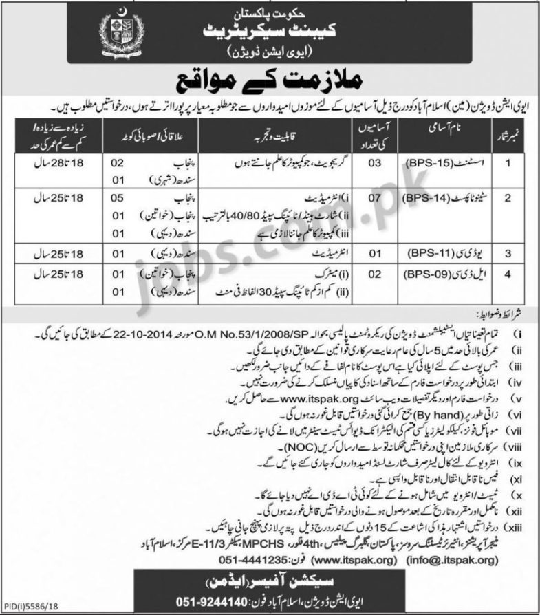 Cabinet Division Islamabad (Aviation Division) Jobs 2019 for 13+ Stenotypists, LDC/UDC Clerks, and Assistants (Download ITSPAK Form)