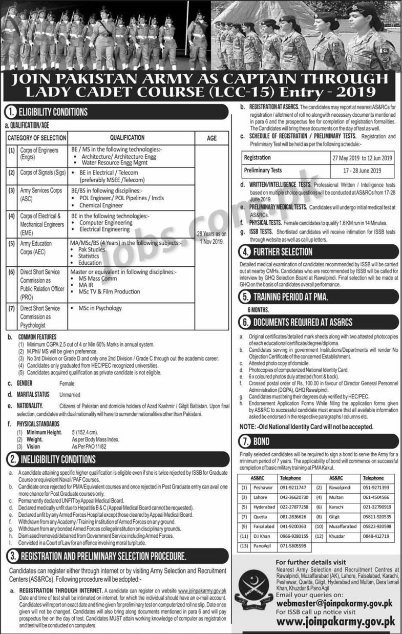 Join Pakistan Army as Captain through the Lady Cadet Course (LCC-15) Entry – 2019