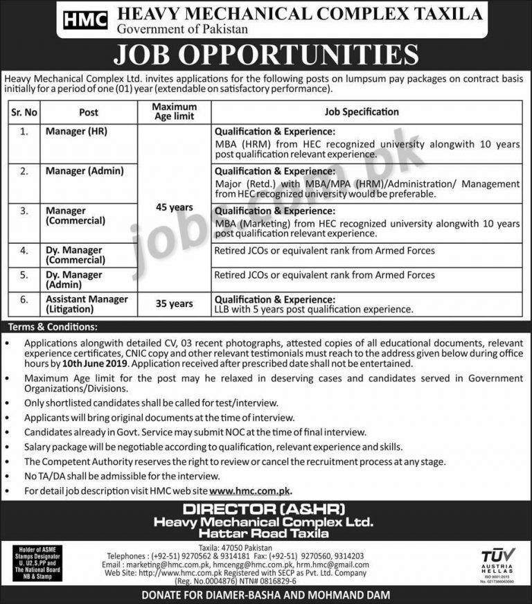 Heavy Mechanical Complex (HMC) Taxila Jobs 2019 for HR, Admin, Legal & Other Managers