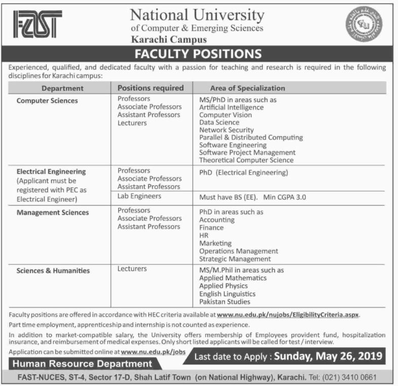 National University of Computer & Emerging Sciences (Karachi) Jobs 2019 for Teaching Faculty