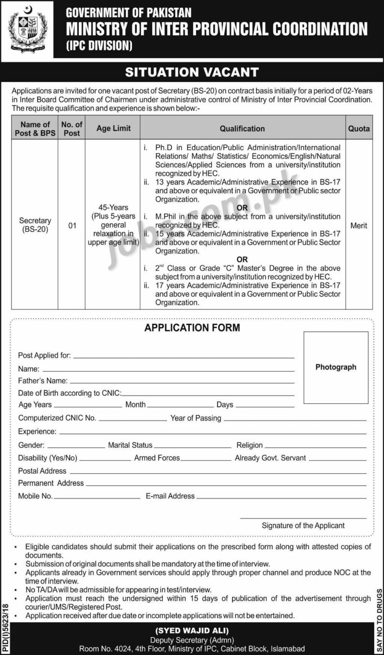 Ministry of Inter Provincial Coordination Pakistan Jobs 2019 for Secretary