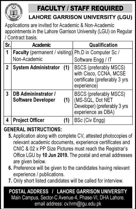 Lahore Garrison University (LGU) Jobs 2019 for IT, Engineering & Teaching Faculty