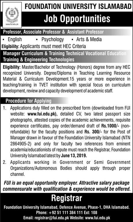 Foundation University Islamabad Jobs 2019 for Teaching Faculty & Non-Teaching Staff