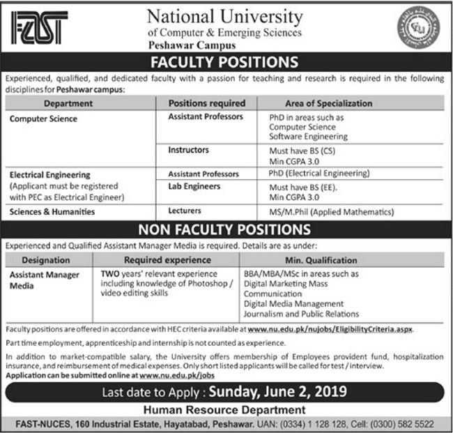 National University of Computer & Emerging Sciences (Peshawar) Jobs 2019 for Teaching & Non-Teaching Staff