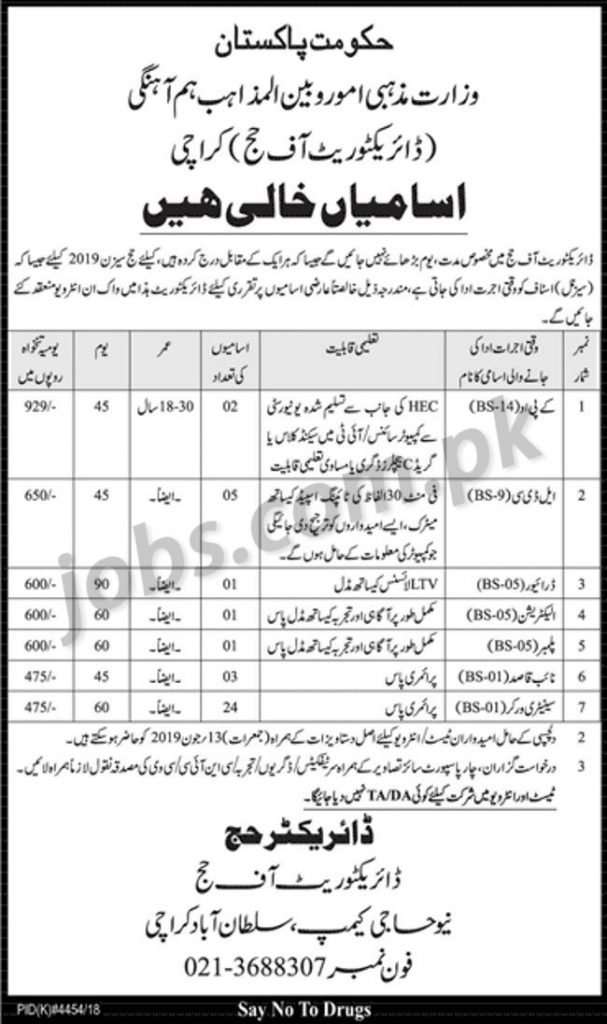 Ministry of Religious Affairs / Hajj Jobs 2019 for 37+ Staff Posts (Karachi)