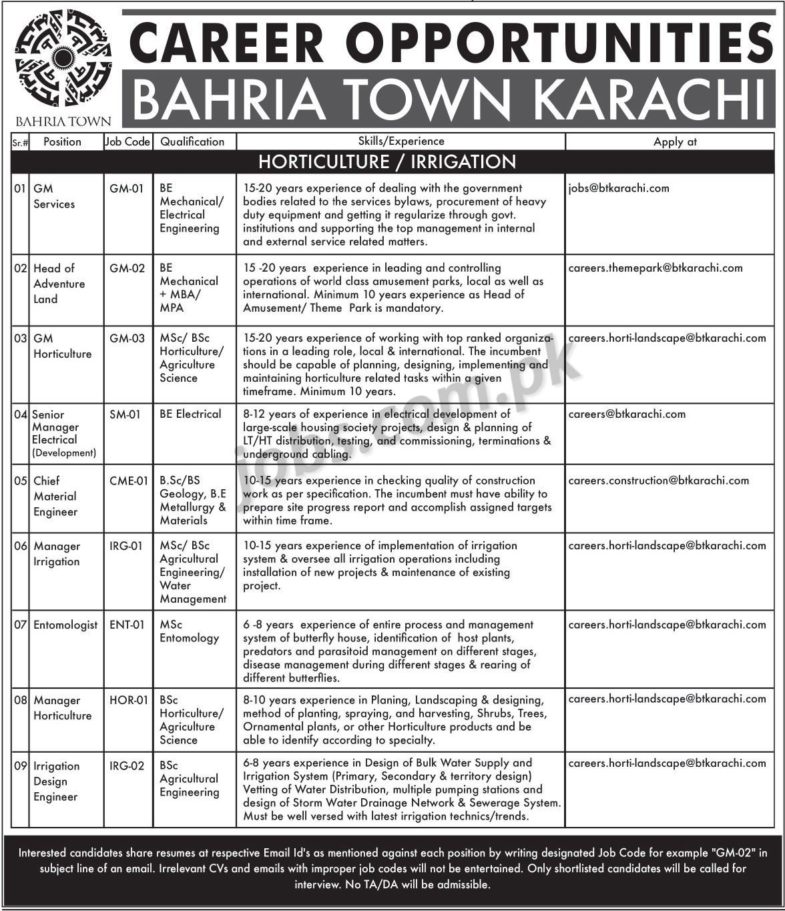 Bahria Town Jobs 2019 for Various Staff (Multiple Categories)