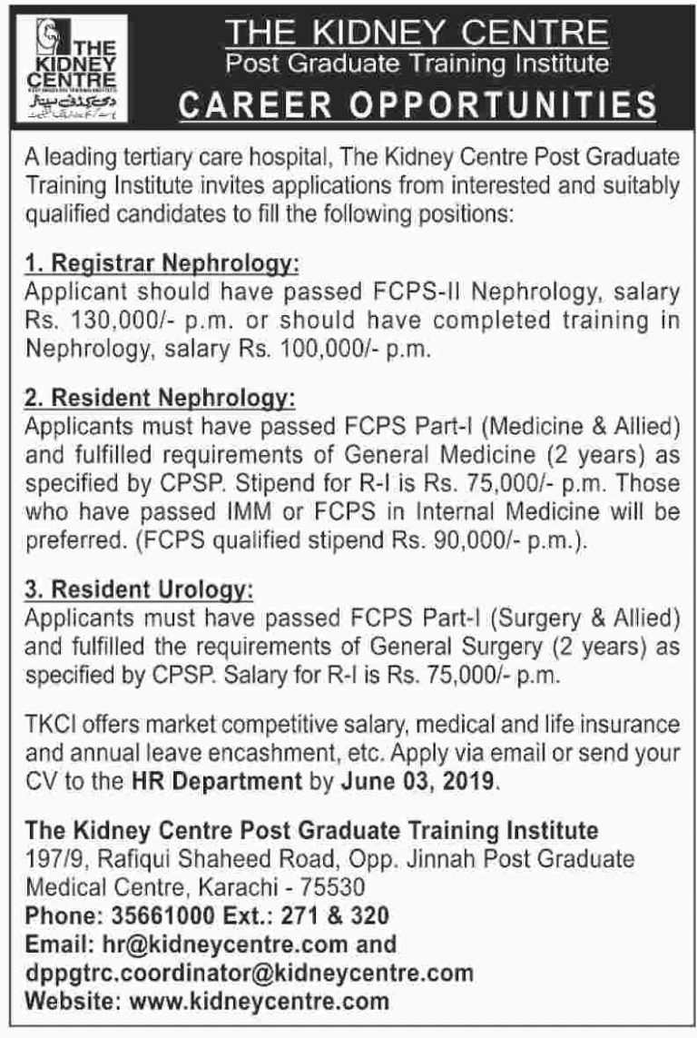 The Kidney Centre Post Graduate Training Institute Jobs 2019 for Medical Posts