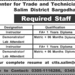 Center Of Trade & Technician Skills Salim District Sargodha Jobs 2019 For Instructors and Demonstrators