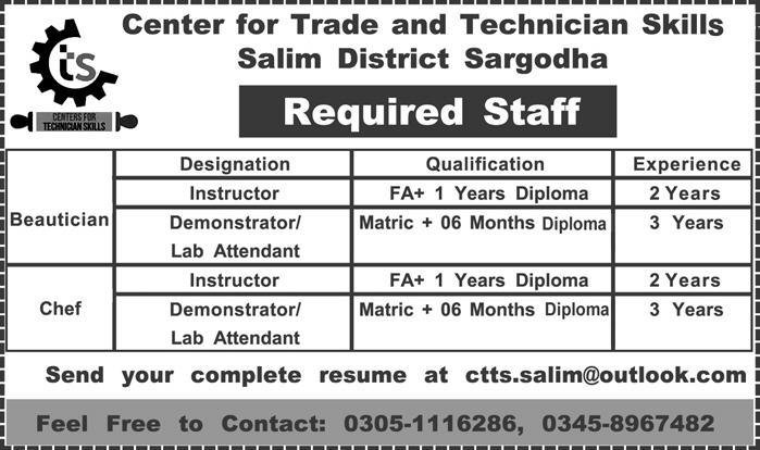 Center Of Trade & Technician Skills Salim District Sargodha Jobs 2019 For Instructors and Demonstrators