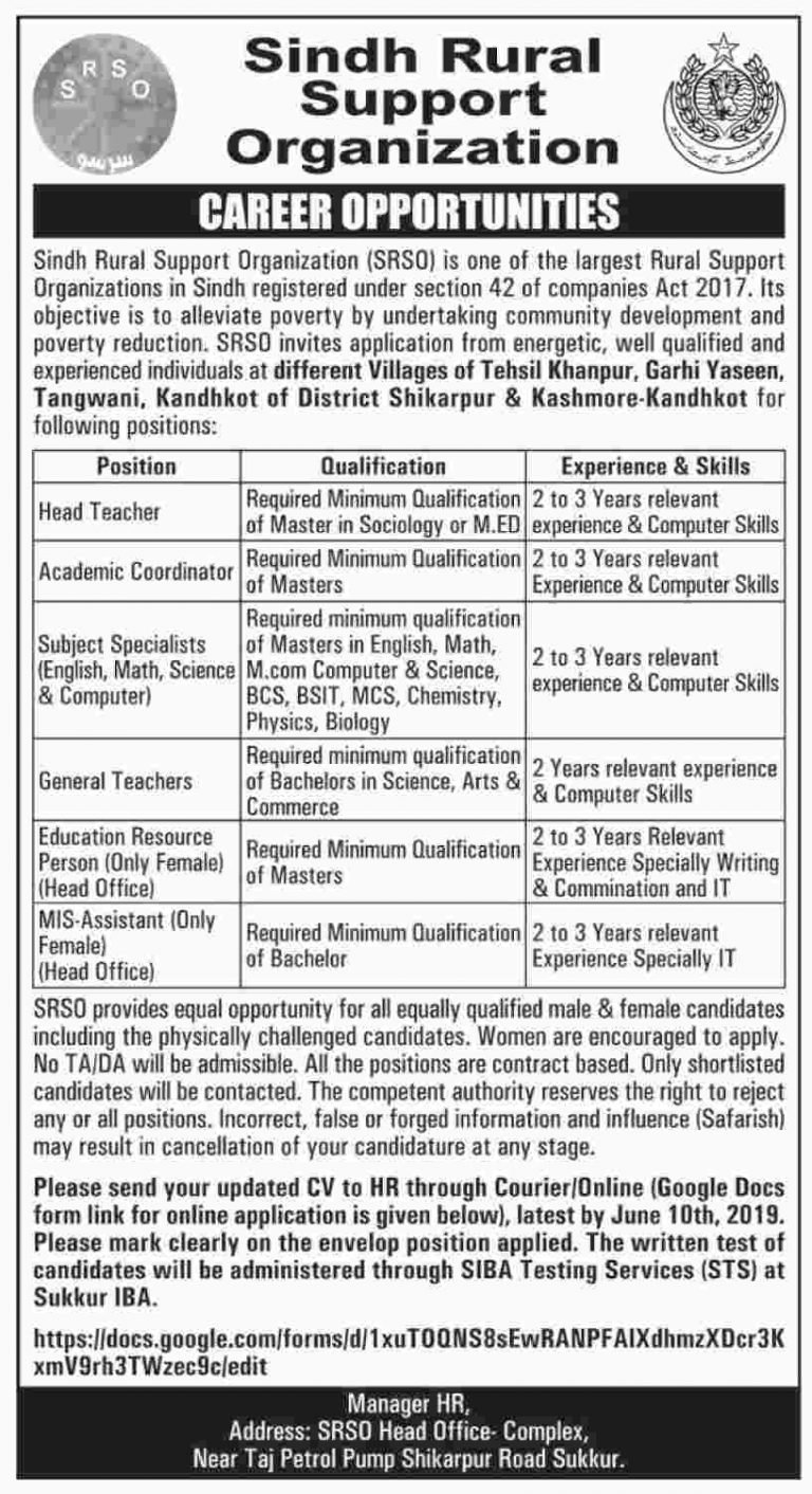 Sindh Rural Support Organization (SRSO) Jobs 2019 for IT/MIS, Edu, Teachers & Subject Specialists