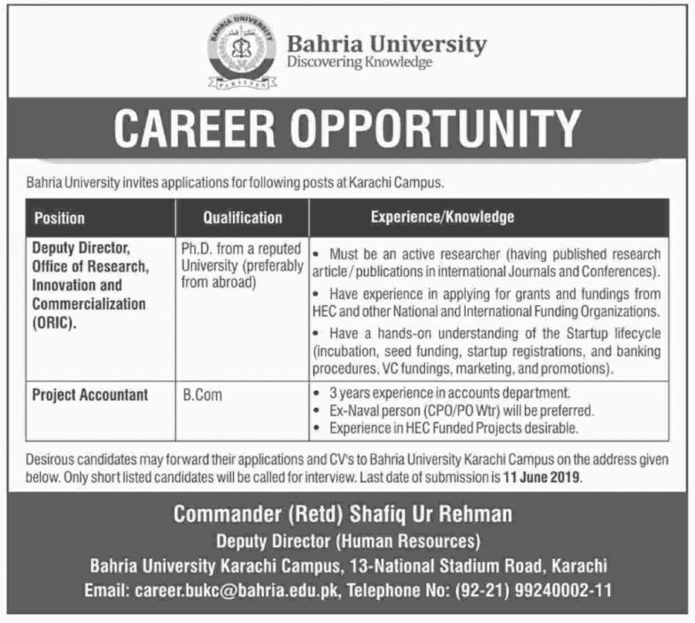 Bahria University (Karachi) Jobs 2019 for Accounts and Management Posts