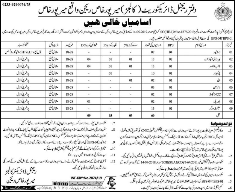 College Education Department Sindh (Mirpur Khas) Jobs 2019 for 60+ Support Staff