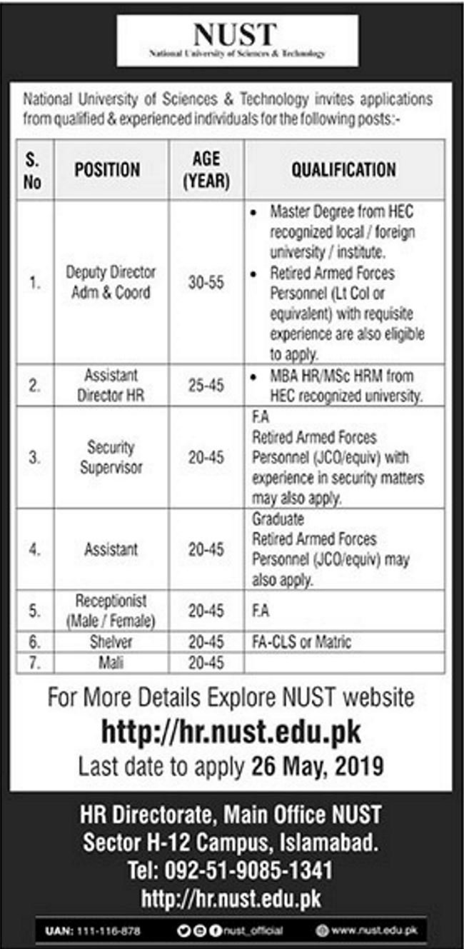 NUST University (Islamabad) Jobs 2019 for Assistant, HR, Admin, Supervisor, Office & Support Staff