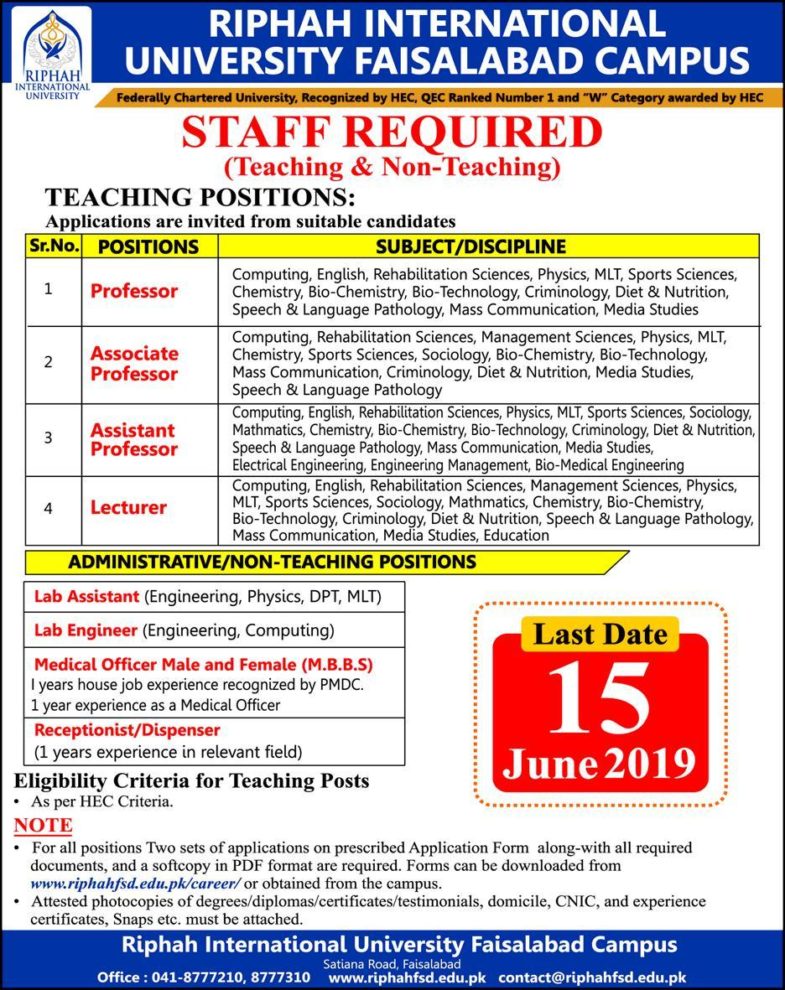 Ripah International University (Faisalabad) Jobs 2019 for Teaching & Non-Teaching Staff
