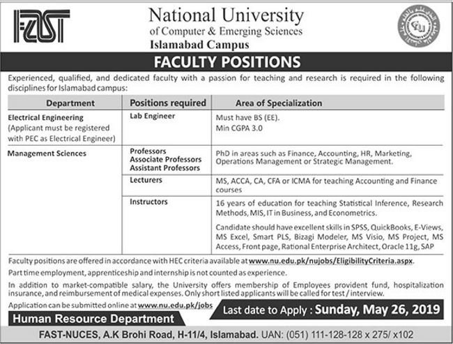 National University (Islamabad) Jobs 2019 for Lab Engineers & Teaching Faculty