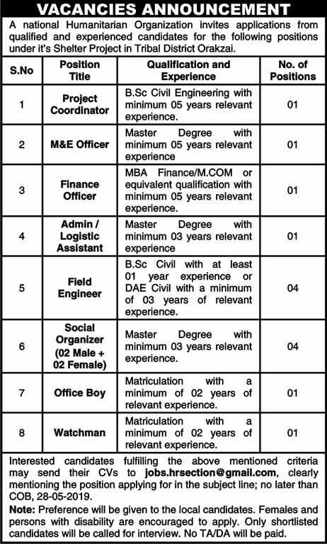 National NGO Jobs 2019 for 14+ Admin, Finance, Field Engineers, M&E, Social Organizers & Other Posts