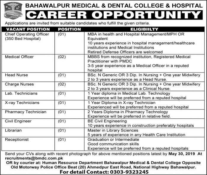 Bahawalpur Medical & Dental College & Hospital Jobs 2019 for 12+ Engineering, Admin, Medical, Paramedical & COO Posts