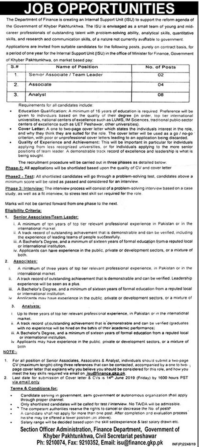 KP Finance Department Jobs 2019 for Team Leaders, Associates and Analysts