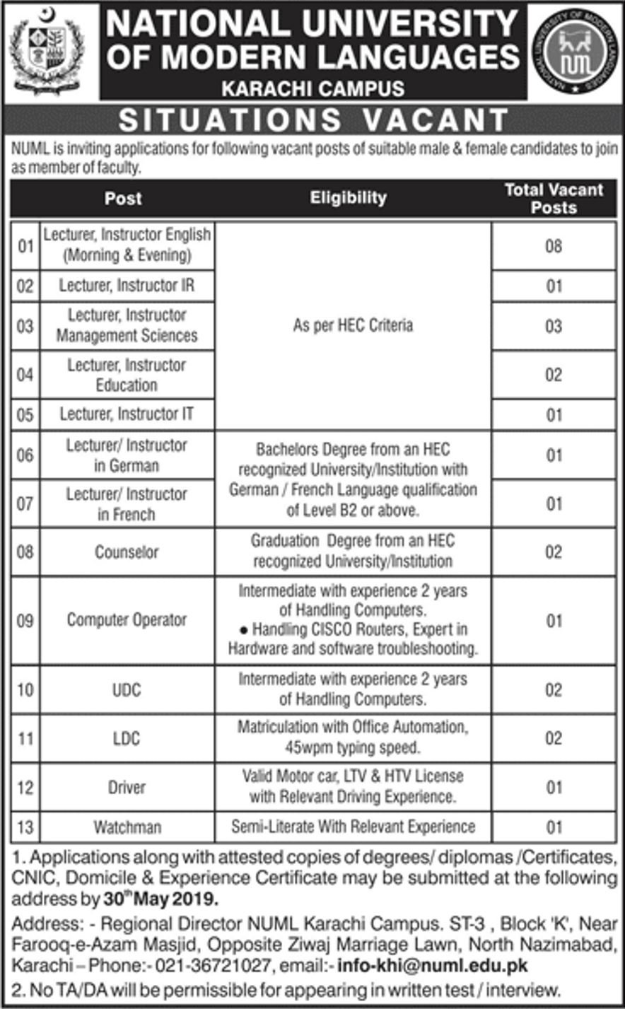 NUML University (Karachi) Jobs 2019 for 26+ Teaching & Non-Teaching Staff