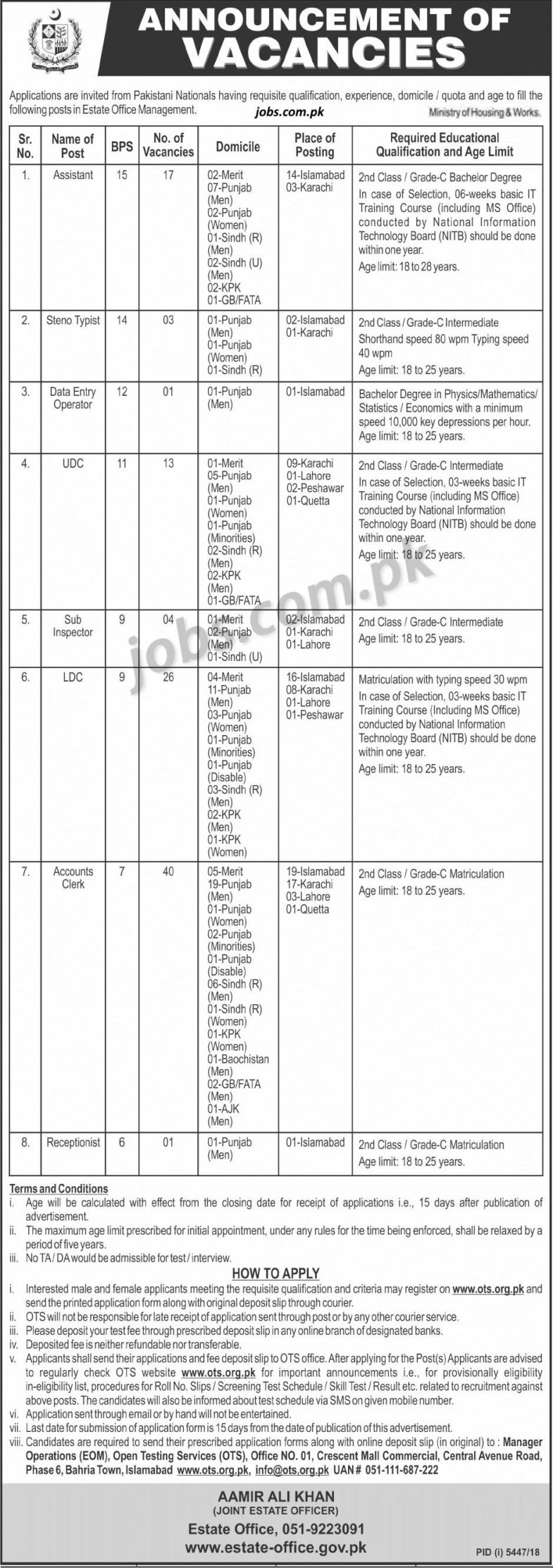 Ministry of Housing & Works Pakistan Jobs 2019 for 105+ Clerks, DEO, Stenotypists, Accounts, Sub-Inspector & Other Posts