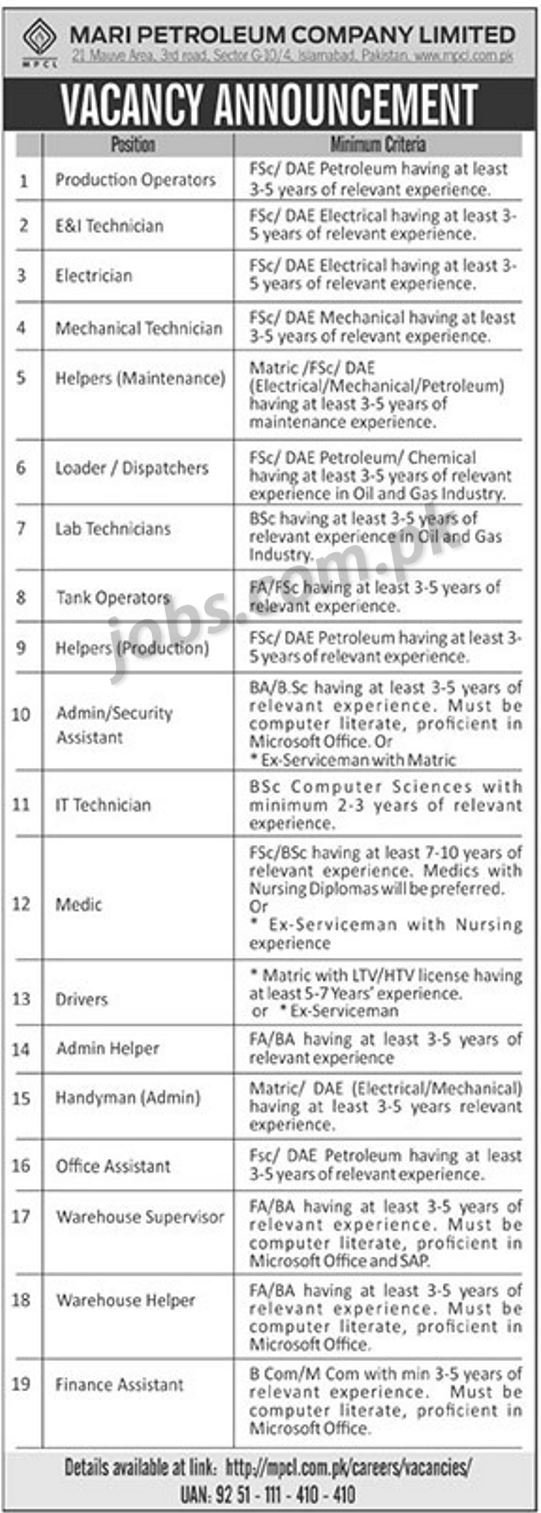 MARI Petroleum Pakistan Government Jobs 2019 for IT, Admin, Finance, DAE, FSc, Office & Support Staff