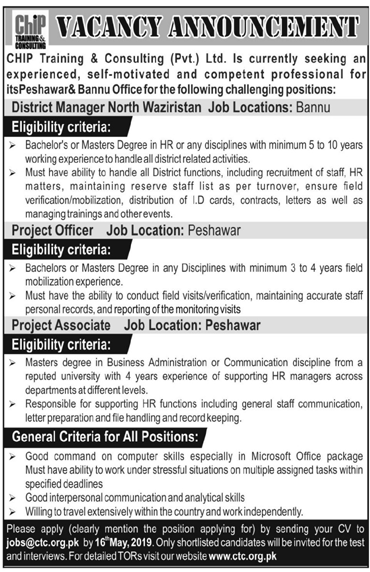 CHIP Training & Consulting Pvt Ltd Jobs 2019 for Project Associates, Officers and District Managers