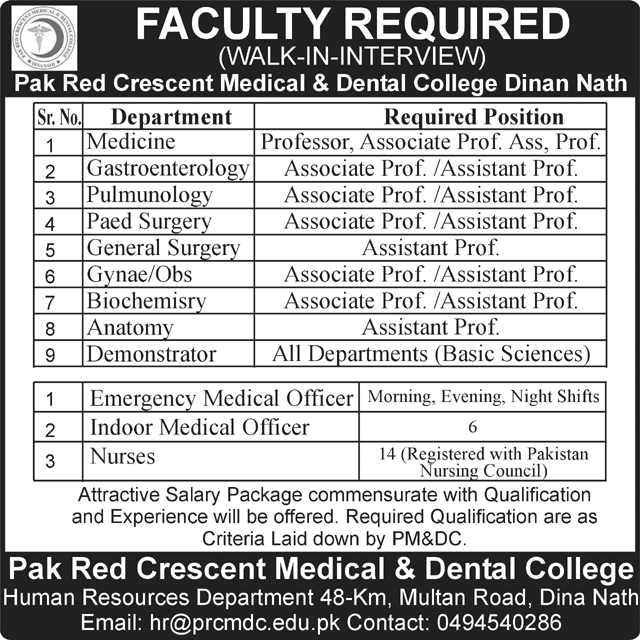 Pak Red Crescent (PRC) Medical/Dental College Dina Nath Jobs 2019 for Medical & Teaching Staff (Walk-in Interviews)