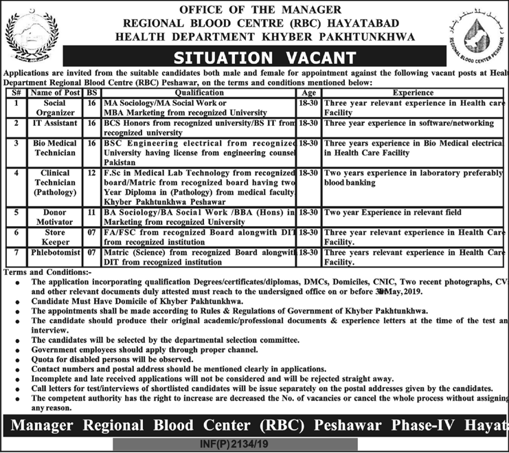 Health Department KP Jobs 2019 for Social Organizer, IT Assistant, Bio Medical, Clinical Technicians, Store Keeper & Other Staff