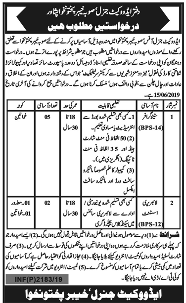 Advocate General Office KP Jobs 2019 for 7+ Library Assistants & Stenographers
