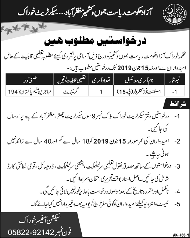 Food Directorate AJK Jobs 2019 for Assistant Food Controller Posts