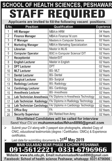 School Of Health Sciences Peshawar Jobs 2019 For Teaching & Non-Teaching Staff
