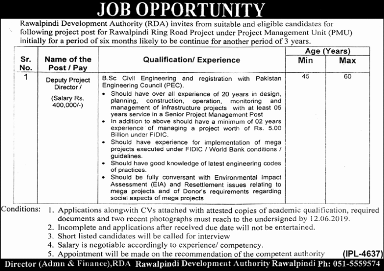 Rawalpindi Development Authority (RDA) Jobs 2019 for Deputy Project / Director