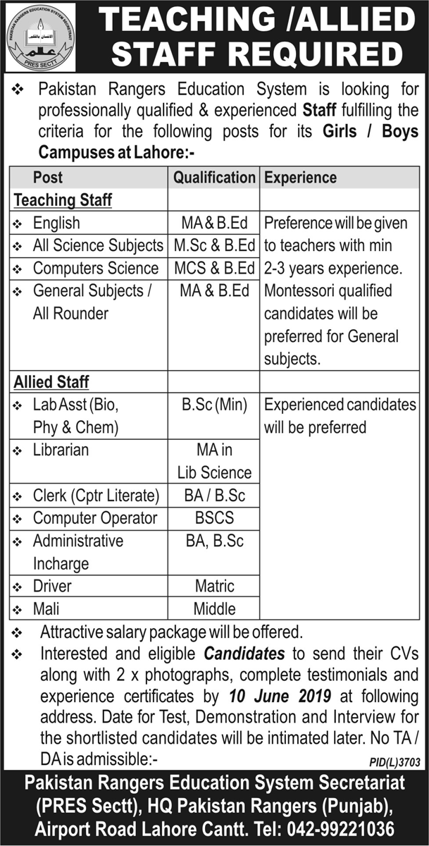 Pakistan Rangers Education System Jobs 2019 for Admin, Clerk, IT, Teaching & Other Staff