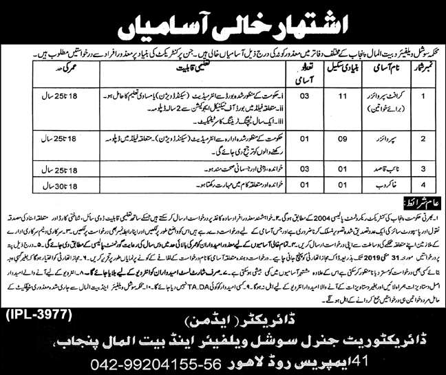 Social Welfare & Bait Ul Maal Department Punjab Jobs 2019 for 8+ Supervisors and Support Staff (Disable Quota)