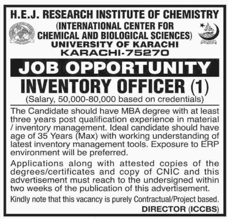 University of Karachi Jobs 2019 for Inventory Officer