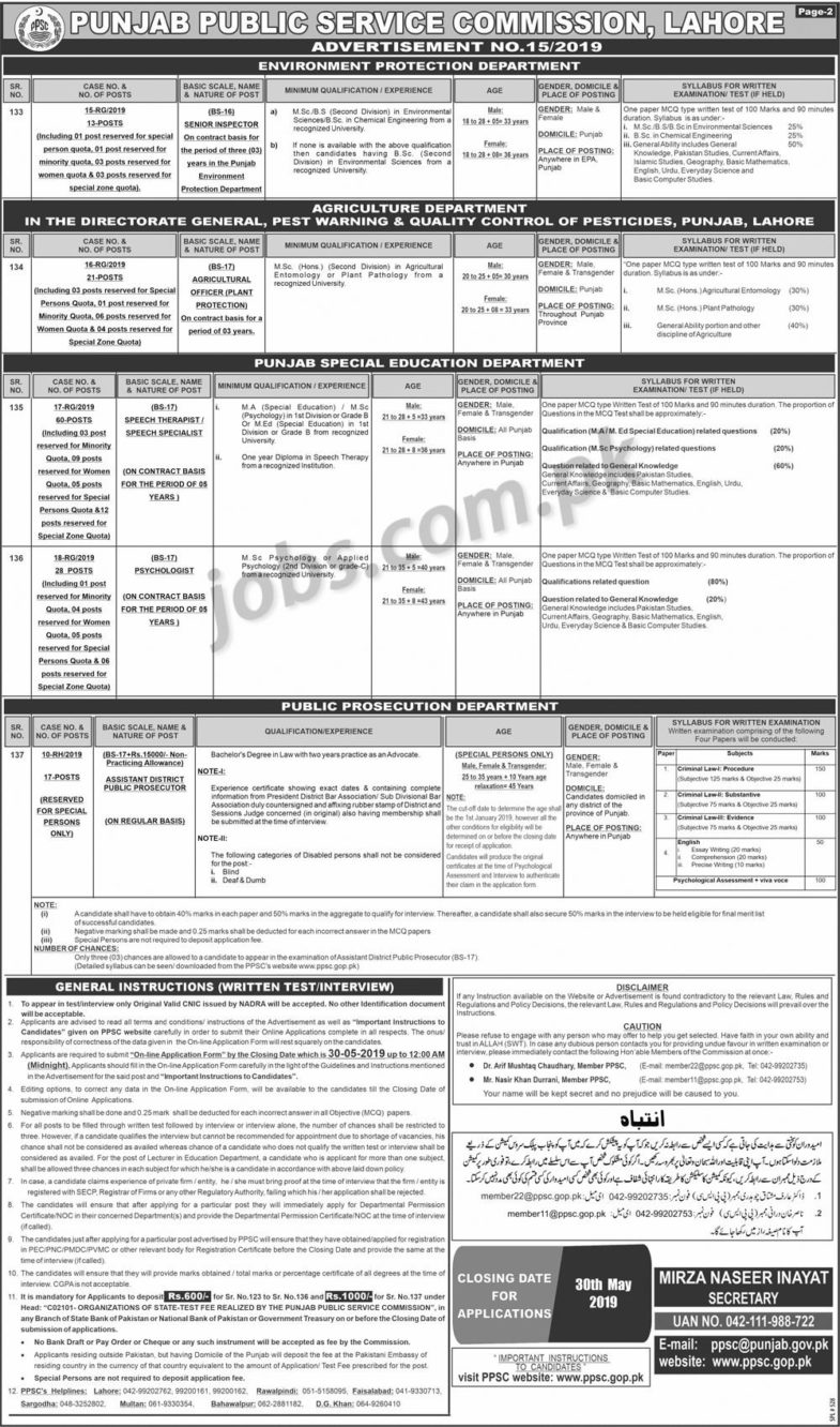 PPSC Jobs (15/2019): 170+ Posts in Multiple Departments of Punjab Government