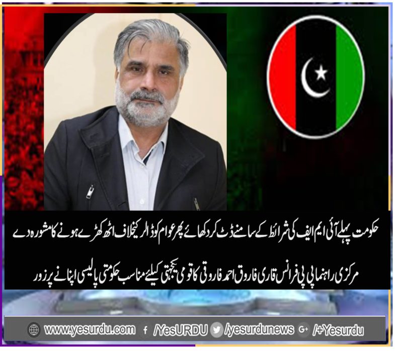 qari farooq ahmed farooqi, senior, leader, PPP, France, emphasized, on, National, conciliation, led, by, Govt