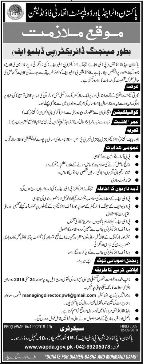 WAPDA Jobs 2019 for Managing Director / Management (PWF)