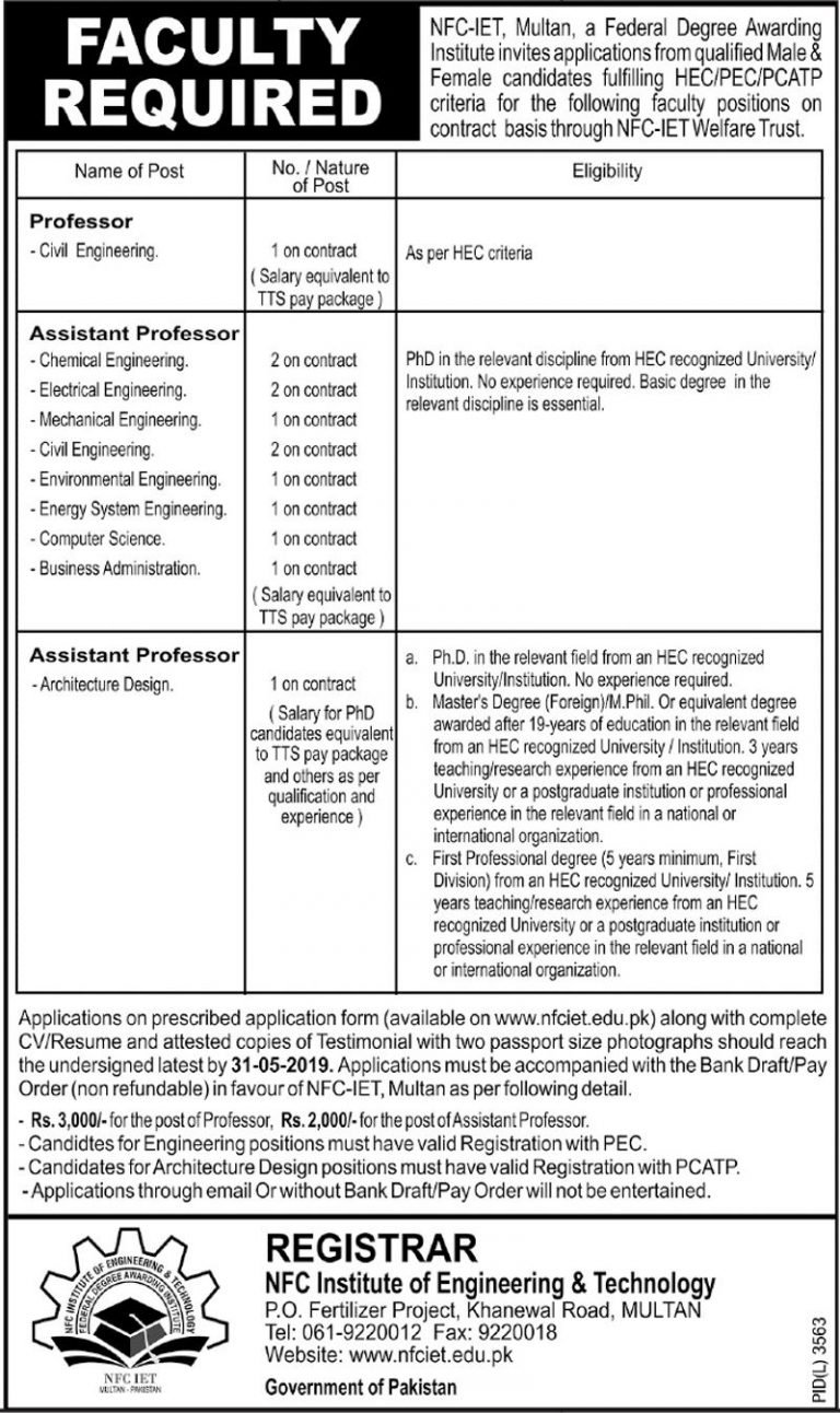 NFC-IET Multan Jobs 2019 for Teaching Faculty