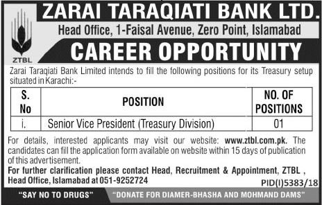 ZTBL Bank Islamabad Jobs 2019 for SV President / Treasury Division