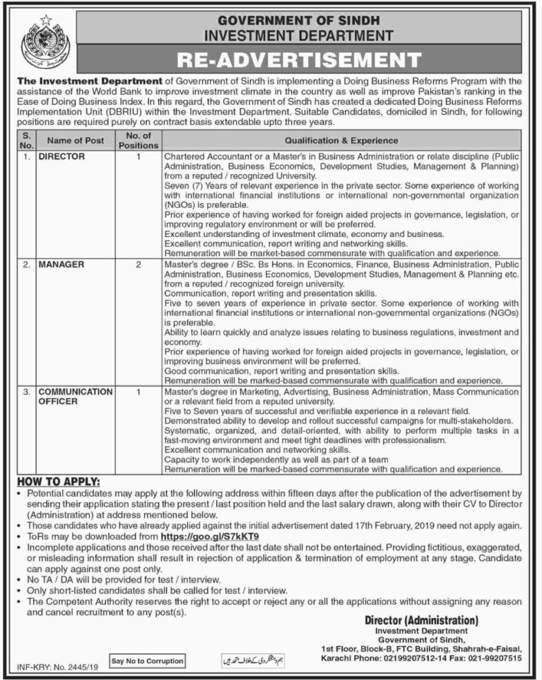 Investment Department Sindh Jobs 2019 For 4+ Director, Managers and Communication Officer Posts