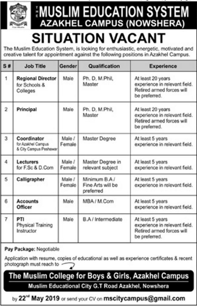 Muslim Education System Nowshera Jobs 2019 for Admin Coordinator, Accounts, Teaching & Other Staff