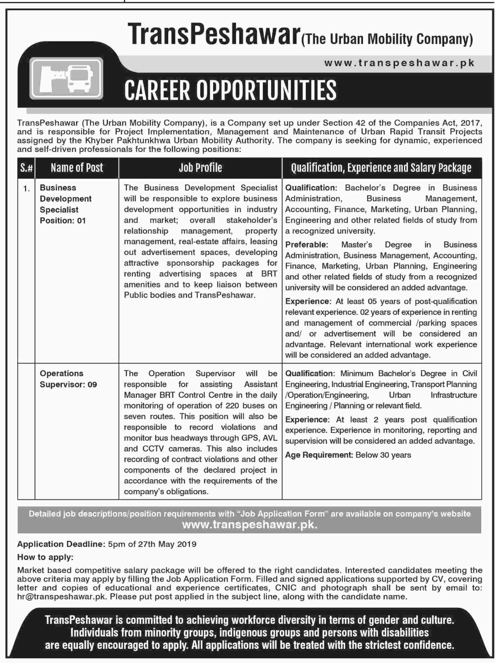 TransPeshawar Jobs 2019 For 10+ Business Development Specialists & Operations Supervisors