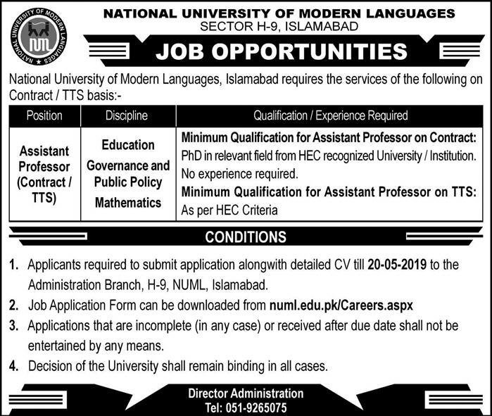 NUML Islamabad Jobs 2019 for Teaching Faculty