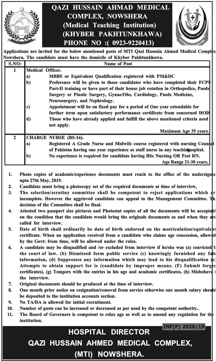 QHA Medical Complex Nowshera Jobs 2019 for Medical Officers and Charge Nurses