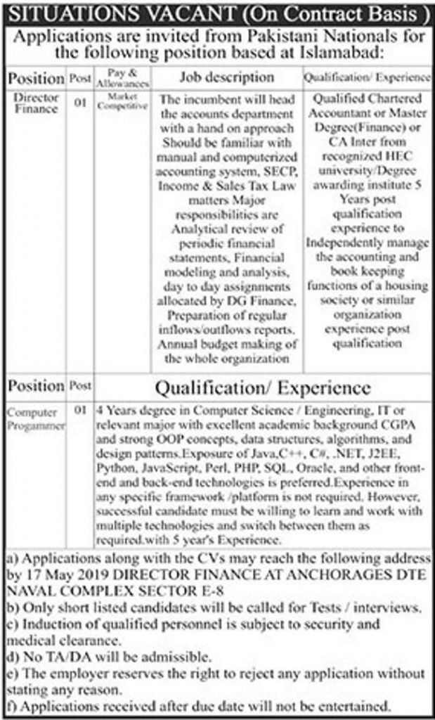 Pak Navy / Naval Complex Jobs 2019 for IT / Computer Programmer and Finance Director