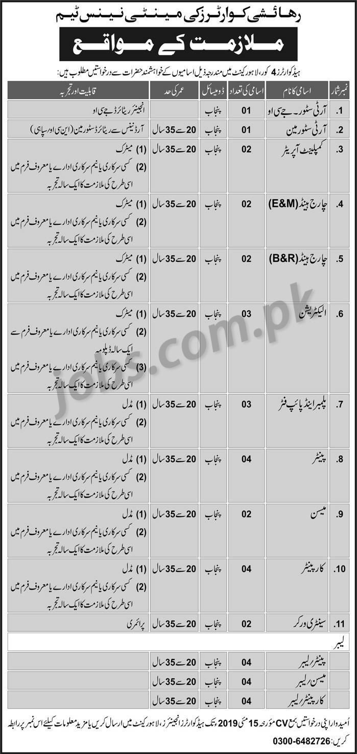 Pak Army Jobs 2019 for 38+ Posts (Middle/Matric/Eng) at Headquarters 4 Corps Lahore